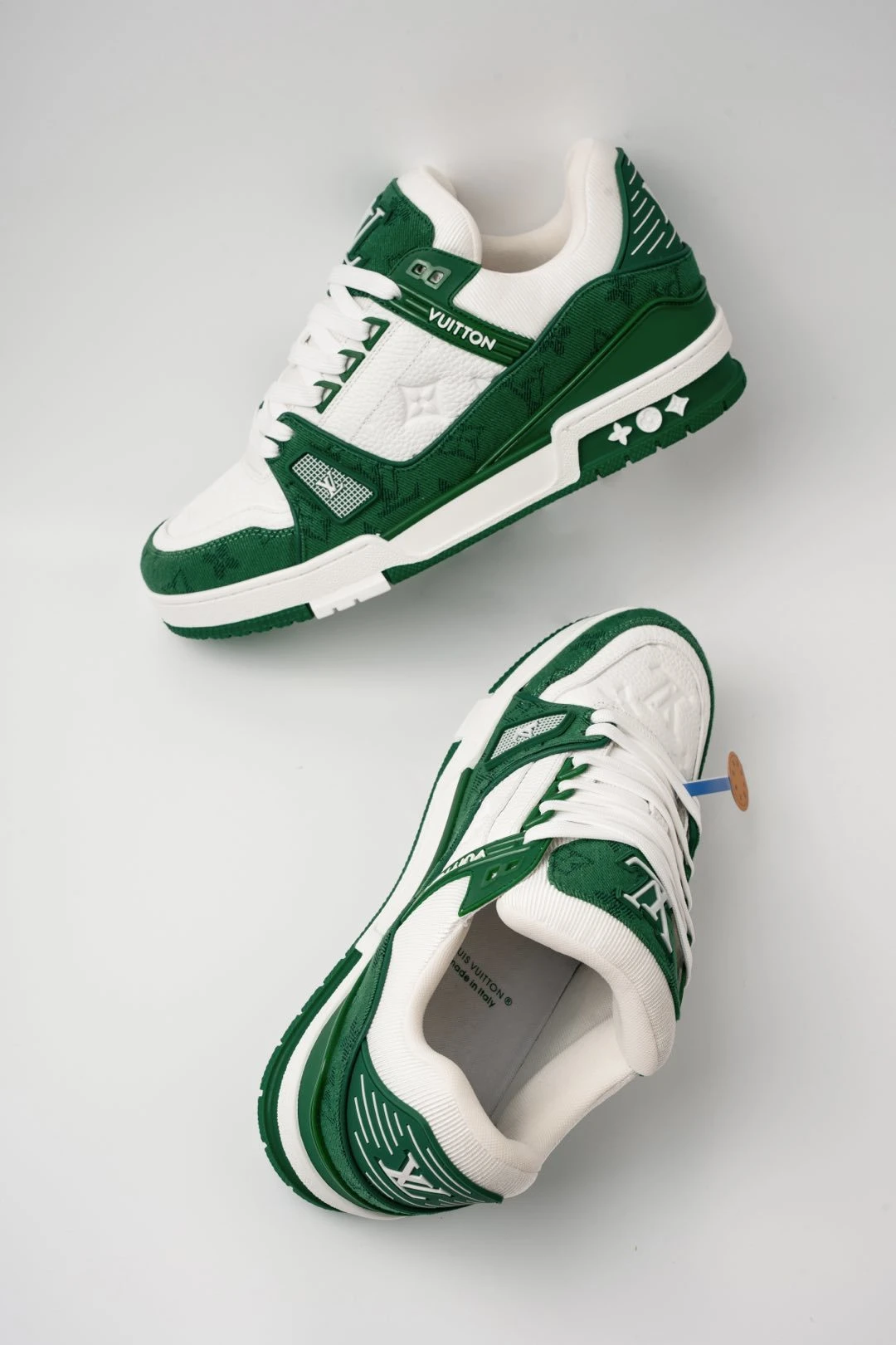 Louis Vuitton White & Green Monogram Low-Top Luxury Fashion Sneakers for Men & Women