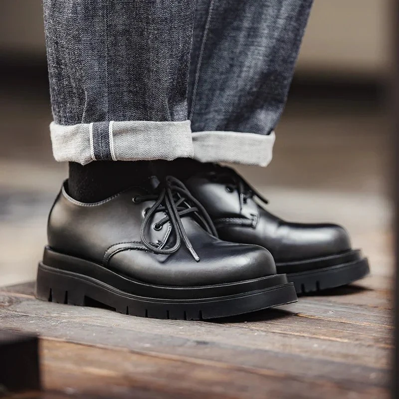 Men’s Low Top Leather Work Boots with Thick Soles – Casual British Style