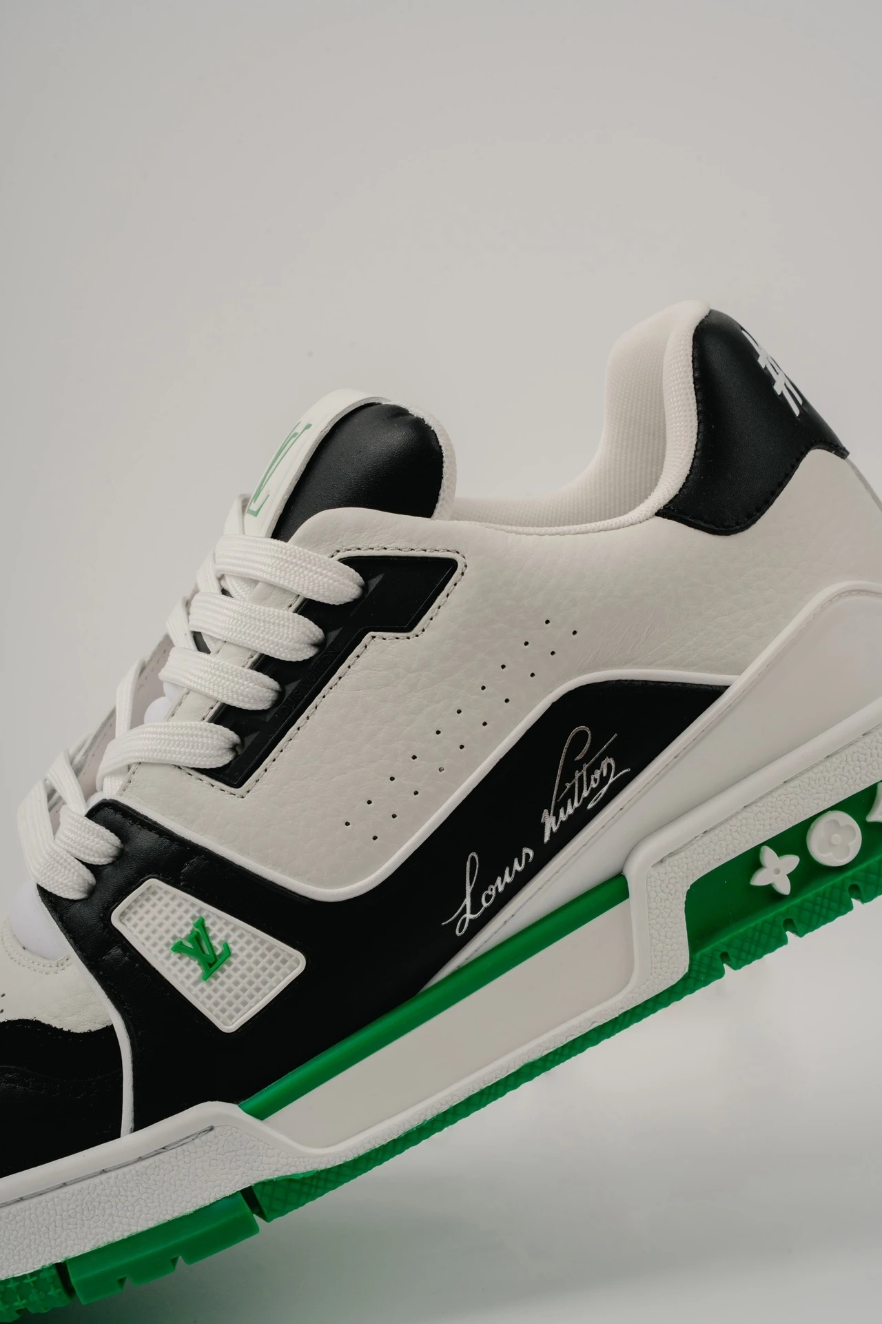 Louis Vuitton White, Black & Green Low-Top Luxury Fashion Sneakers for Men & Women