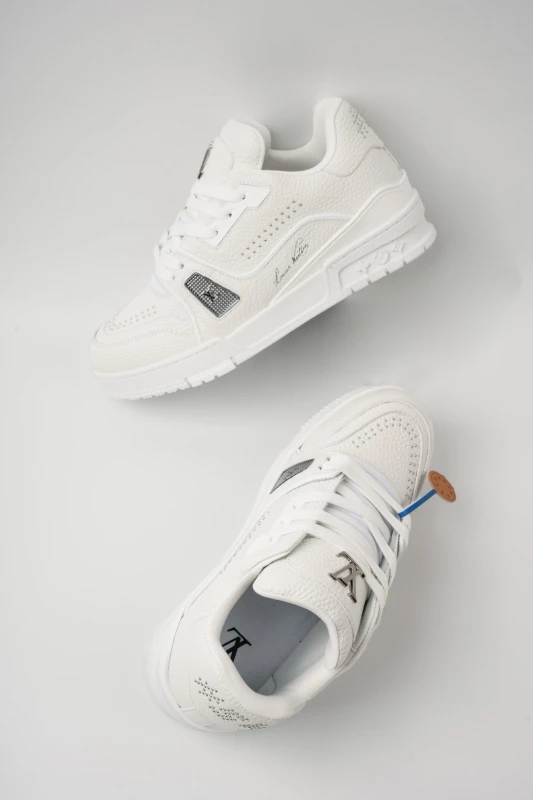 Louis Vuitton All-White Luxury Crystal Detail Sneakers