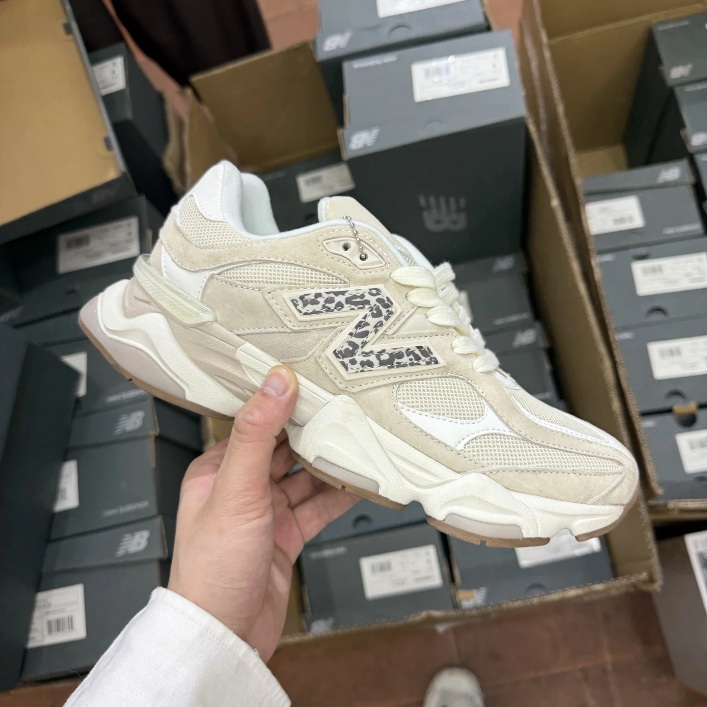 New Balance Cream Leopard Chunky Sneakers