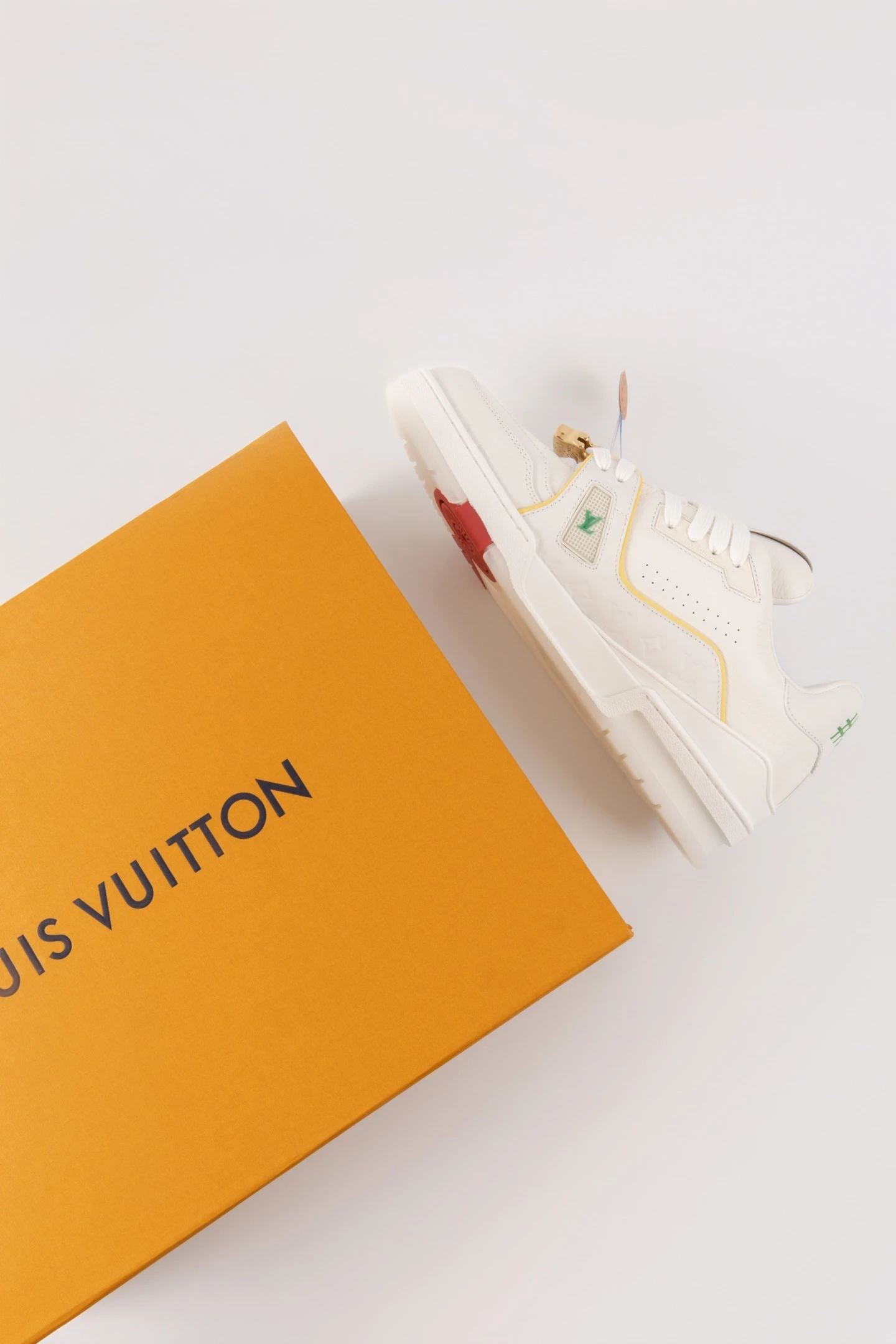 Louis Vuitton White, Yellow, Green & Red Low-Top Luxury Fashion Sneakers for Men & Women