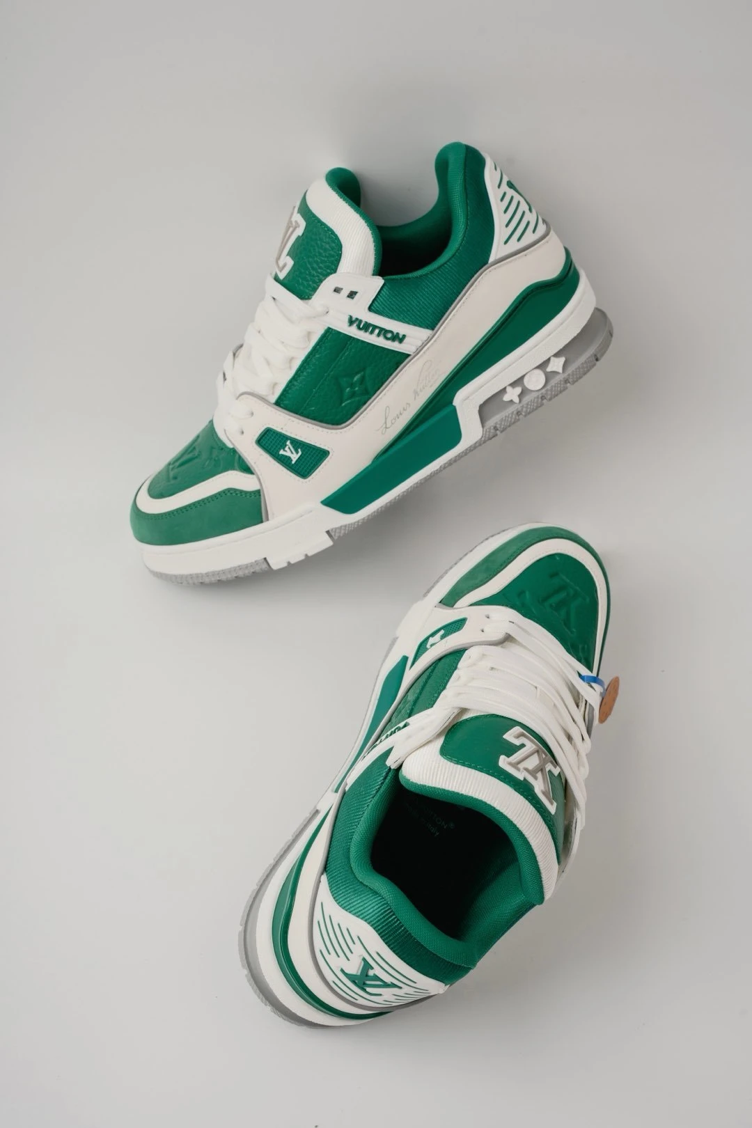 Louis Vuitton Emerald Green, White & Grey Low-Top Luxury Fashion Sneakers for Men & Women