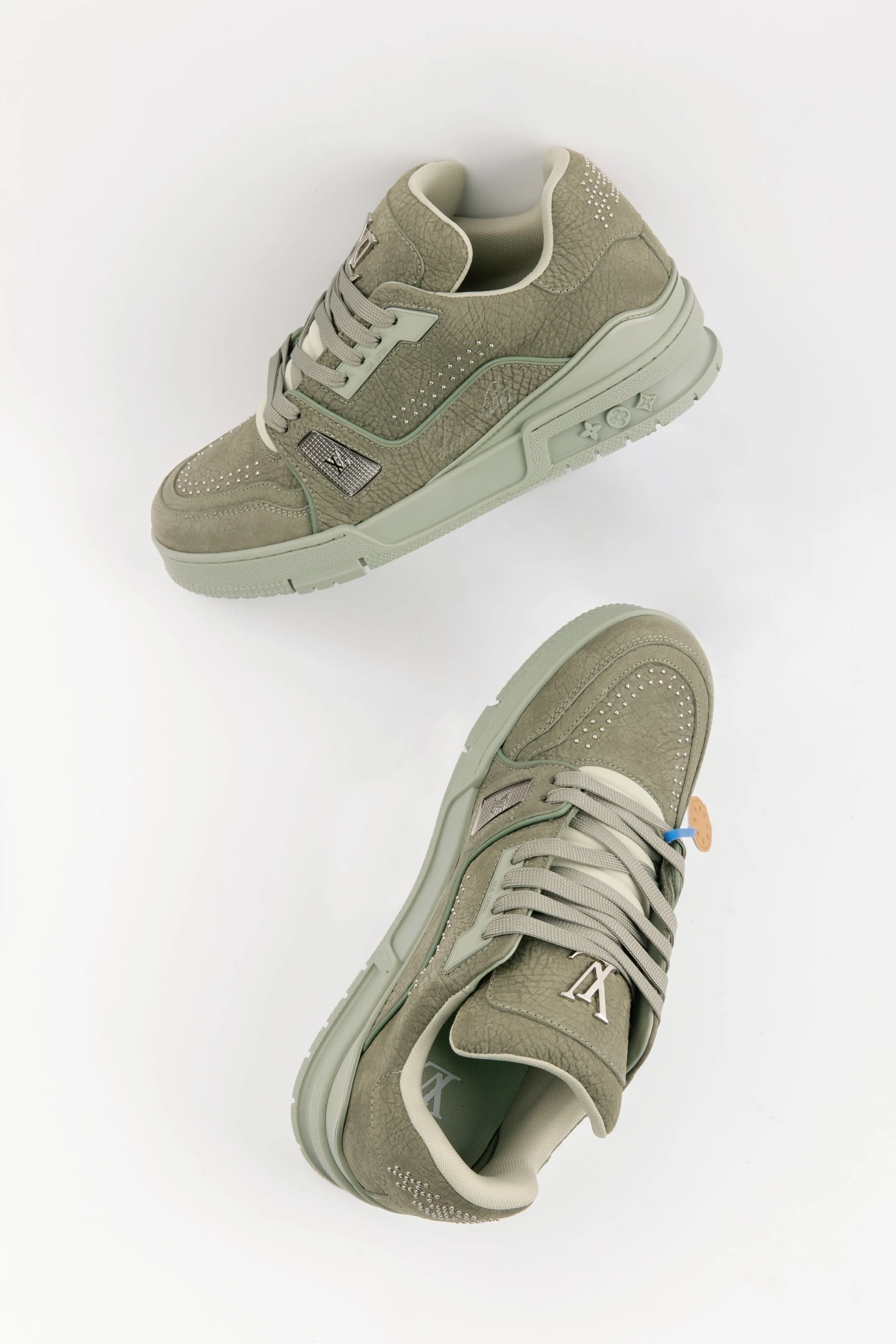 Louis Vuitton Sage Green Luxury Rhinestone Low-Top Sneakers for Men & Women