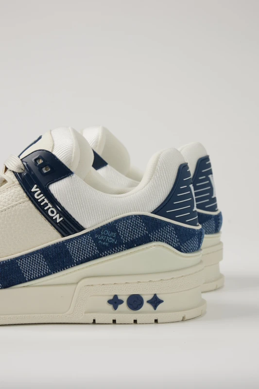 Louis Vuitton Cream White & Navy Blue Monogram Panel Low-Top Sneakers