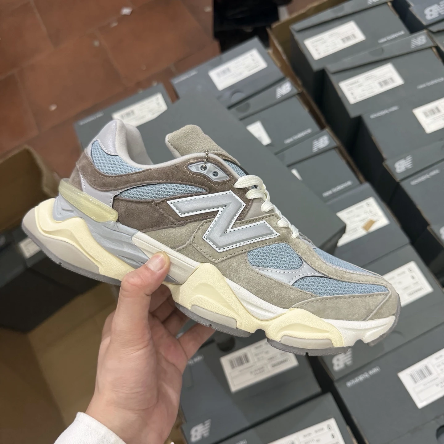 New Balance Chunky Runner Sneakers – Taupe Brown, Sky Blue & Cream