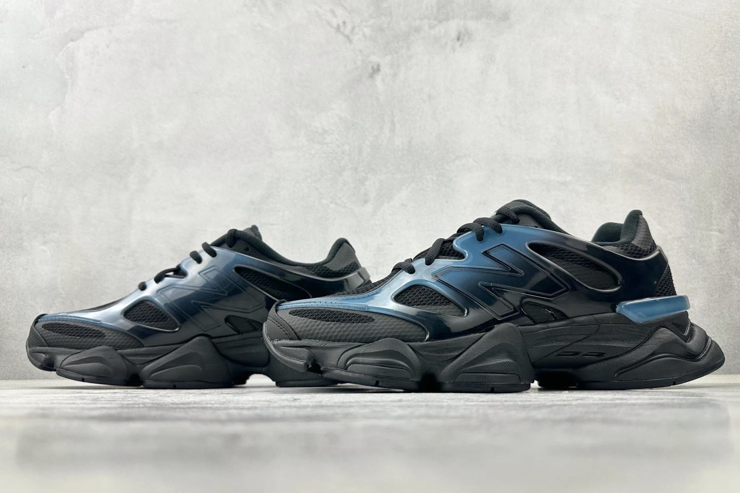 New Balance 9060 Phantom Black Futuristic Sneakers – Premium Gloss Black Chunky Streetwear Running Shoes With ABZORB Cushioning For Men & Women