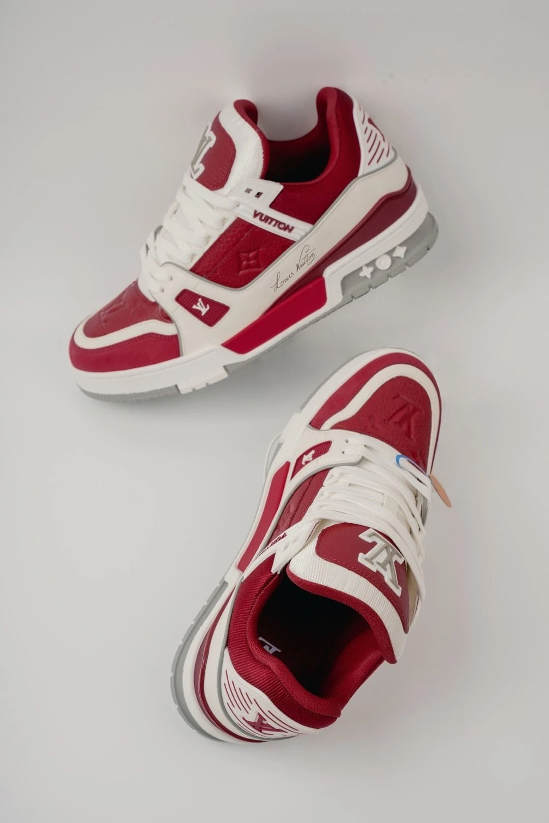 Louis Vuitton Red, White & Grey Low-Top Luxury Fashion Sneakers for Men & Women