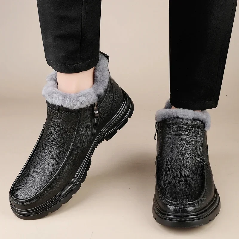 Men’s Genuine Leather High Top Winter Boots with Plush Lining