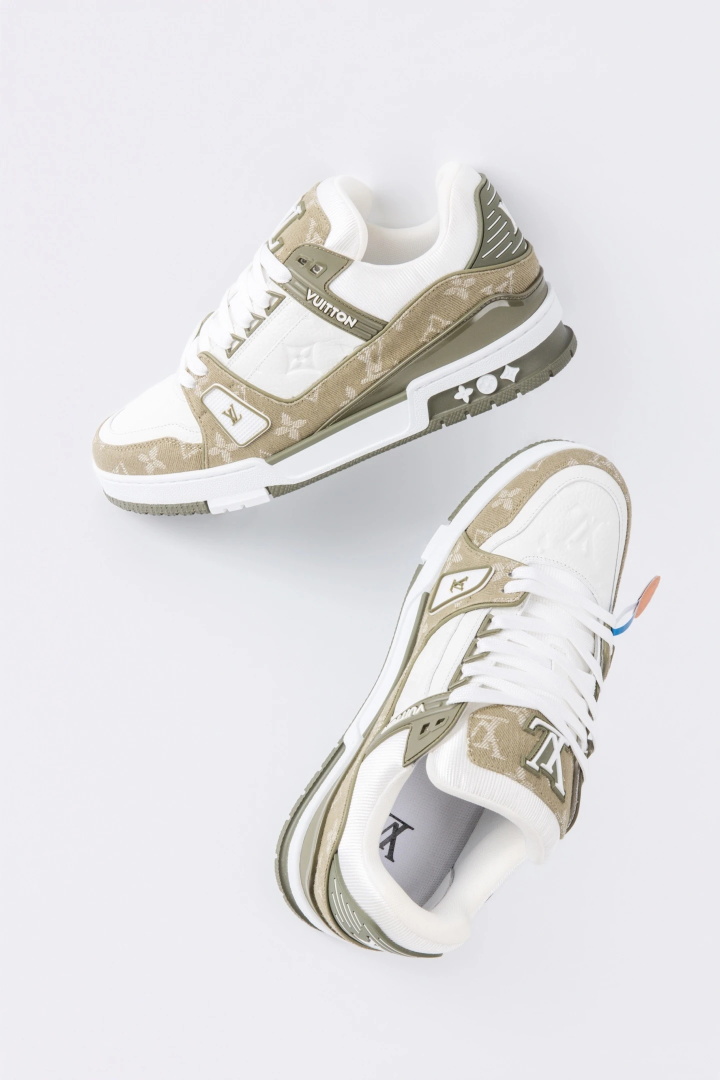 Louis Vuitton Beige, Olive Green & White Monogram Low-Top Luxury Fashion Sneakers for Men & Women
