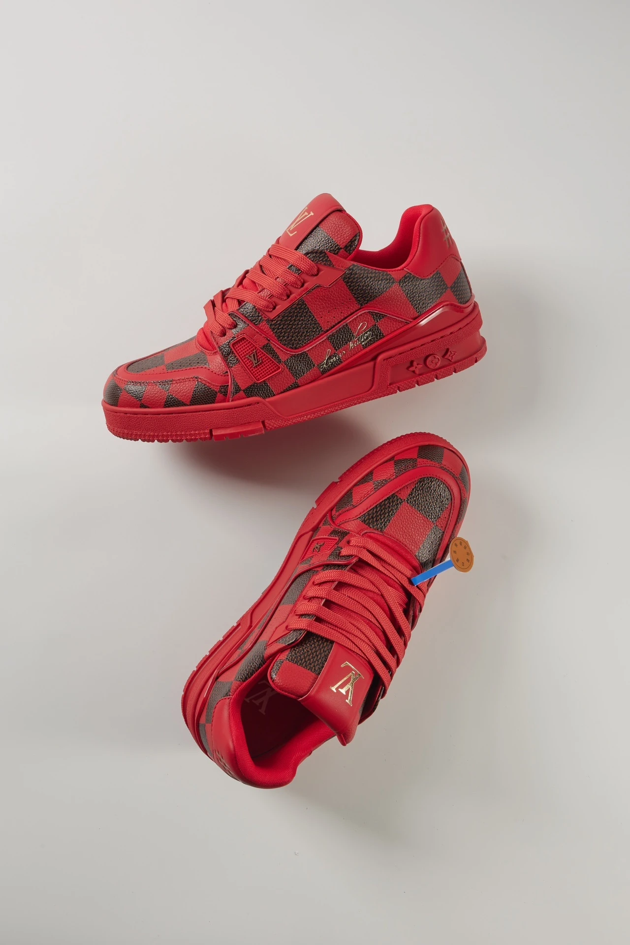 Louis Vuitton Red & Dark Brown Checkered Low-Top Luxury Sneakers for Men & Women