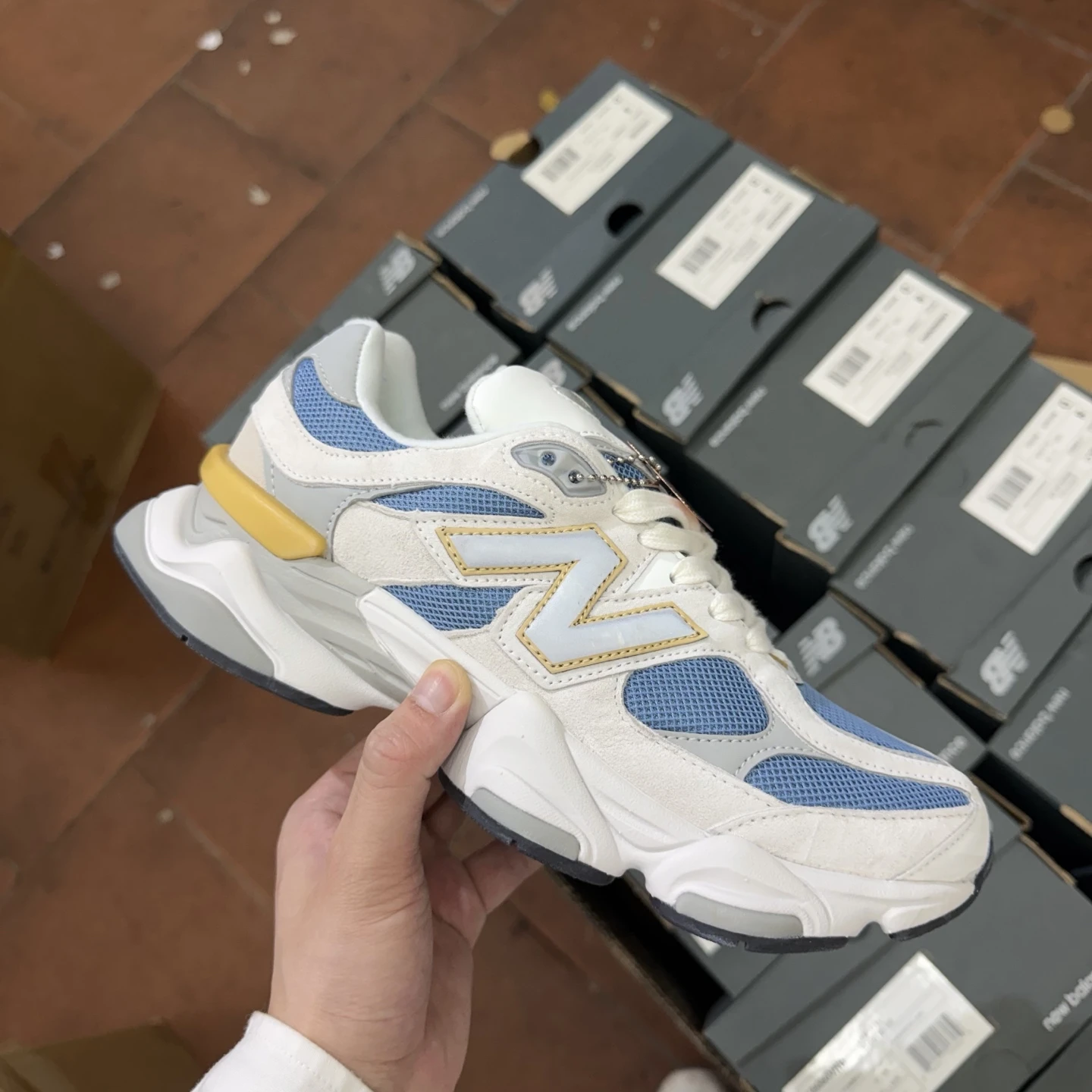 New Balance 9060 “Sky Gold” Chunky Sneakers – Blue White  Colors