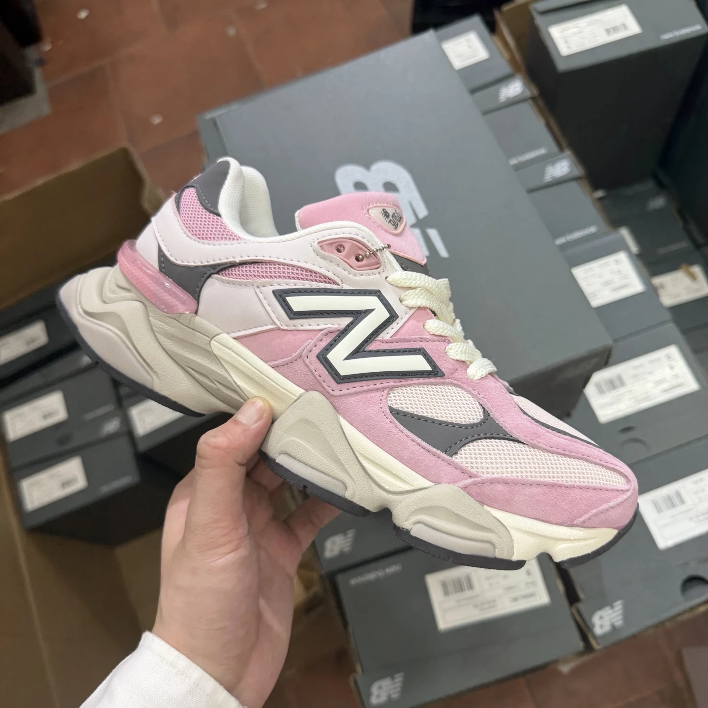 New Balance Pink, Grey & Cream Chunky Runner Sneakers