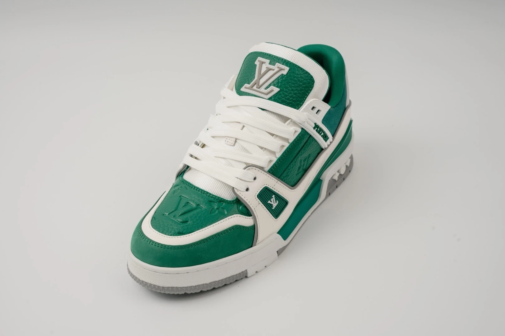 Louis Vuitton Emerald Green, White & Grey Low-Top Luxury Fashion Sneakers for Men & Women