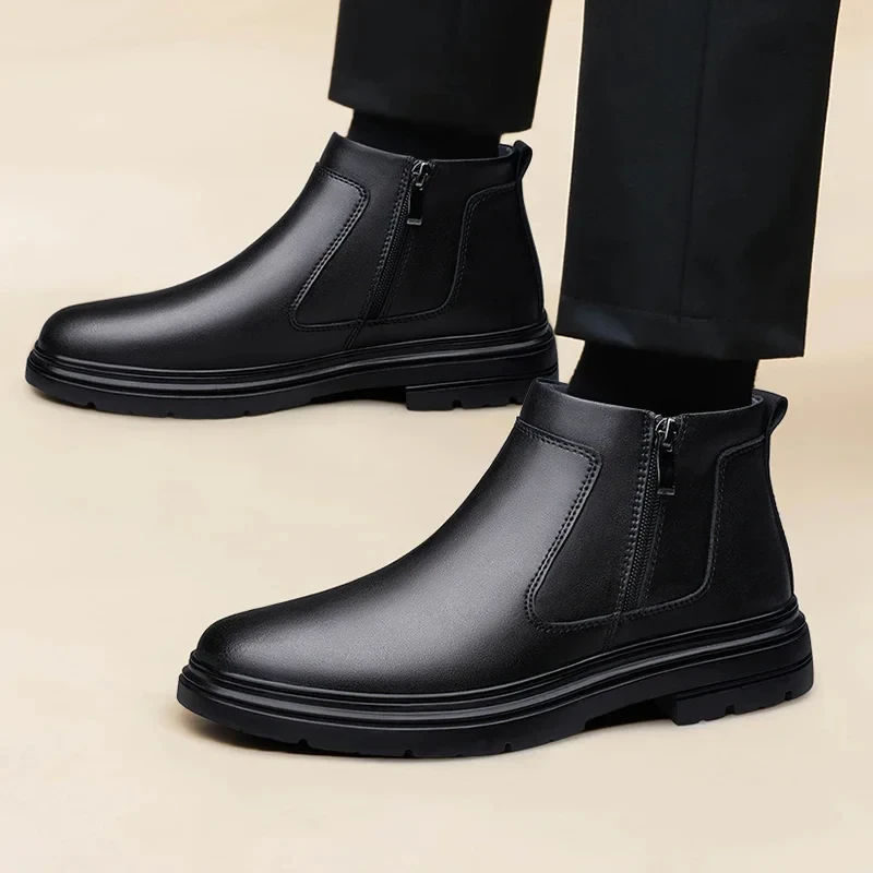 Men’s Genuine Leather High Top Boots with Side Zipper & Lace-Up