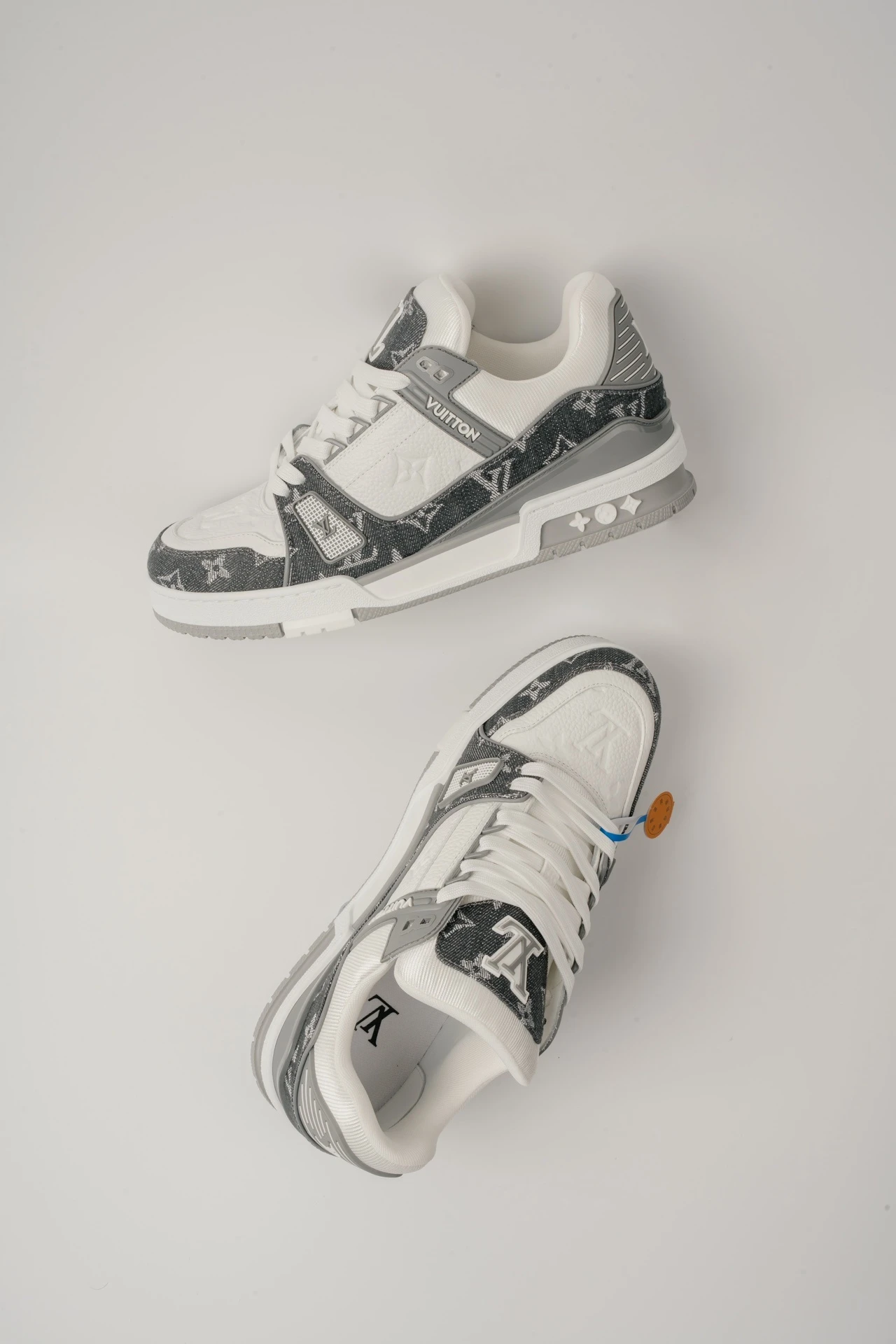Louis Vuitton White, Grey & Monogram Low-Top Luxury Fashion Sneakers for Men & Women