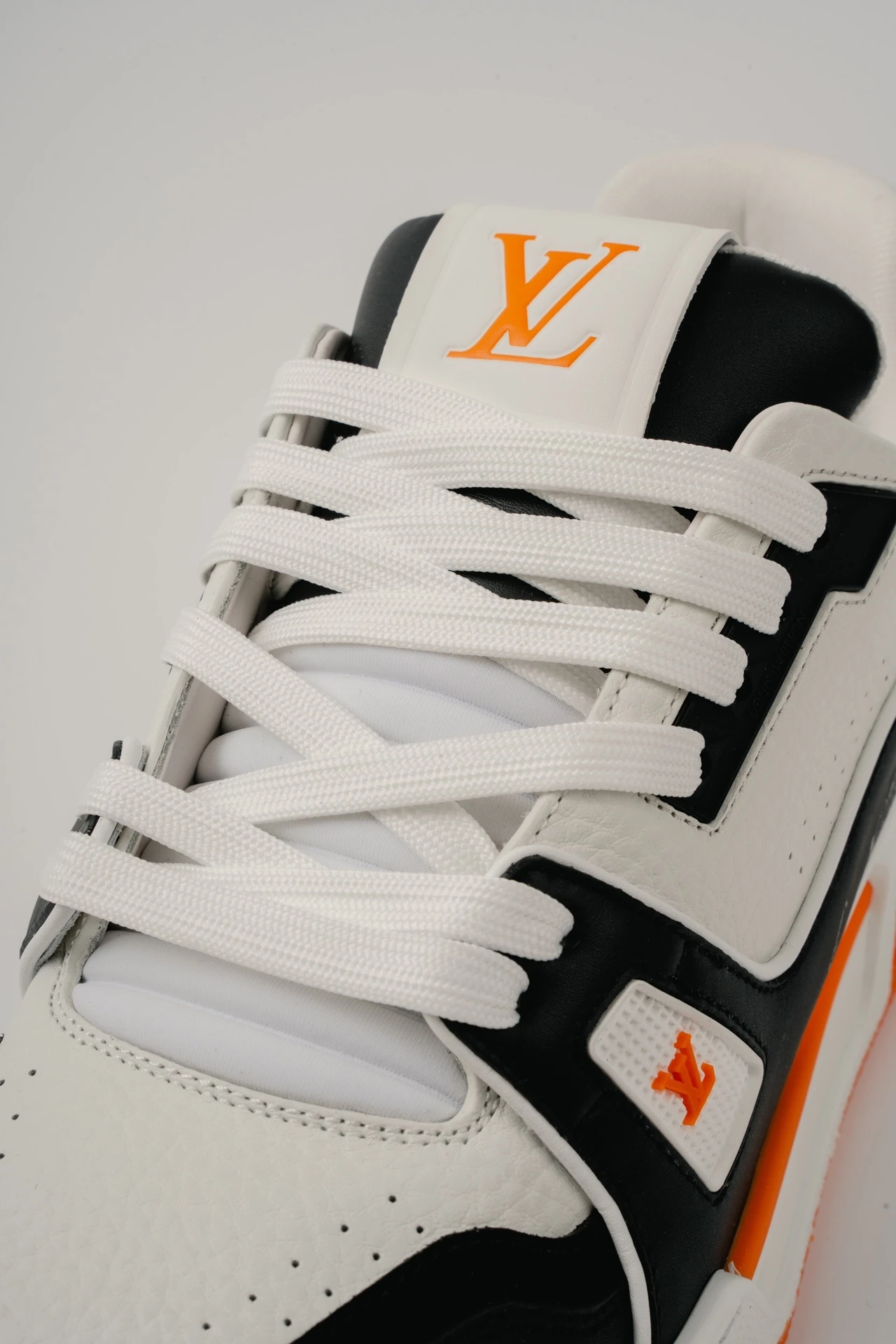 Louis Vuitton White, Black & Orange Low-Top Luxury Fashion Sneakers for Men & Women