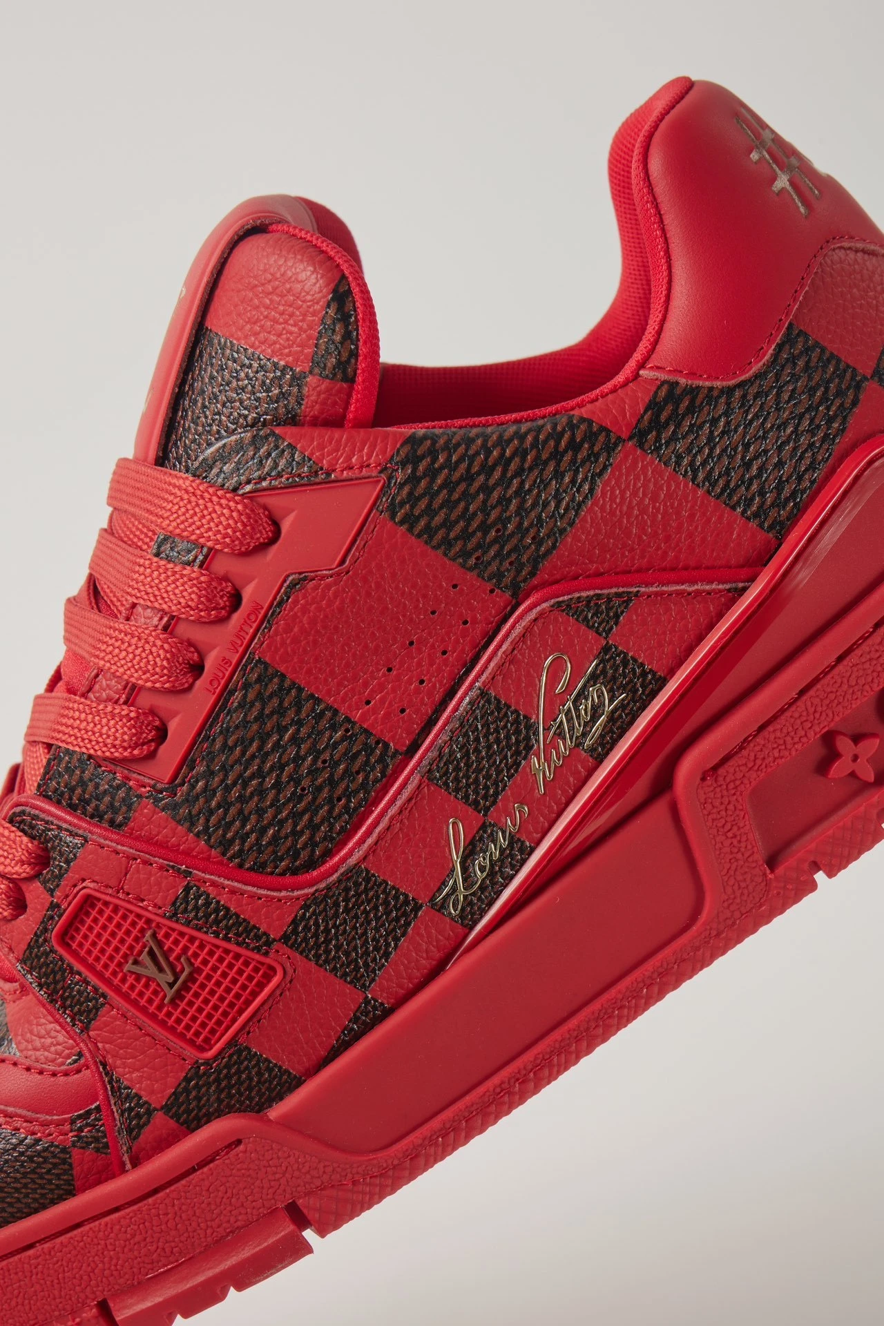 Louis Vuitton Red & Dark Brown Checkered Low-Top Luxury Sneakers for Men & Women