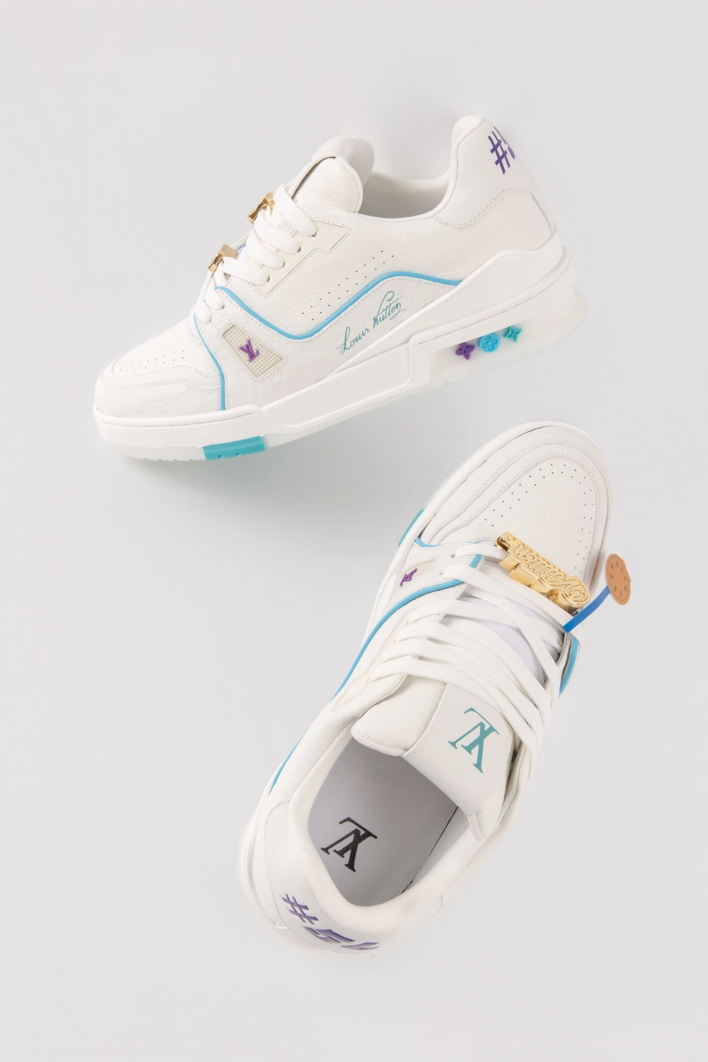 Louis Vuitton White, Sky Blue & Purple Low-Top Luxury Fashion Sneakers for Men & Women