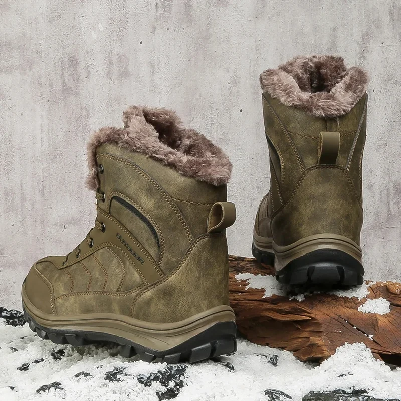 Retro Leather Winter Hiking Boots for Men – Warm Plush Snow Shoes