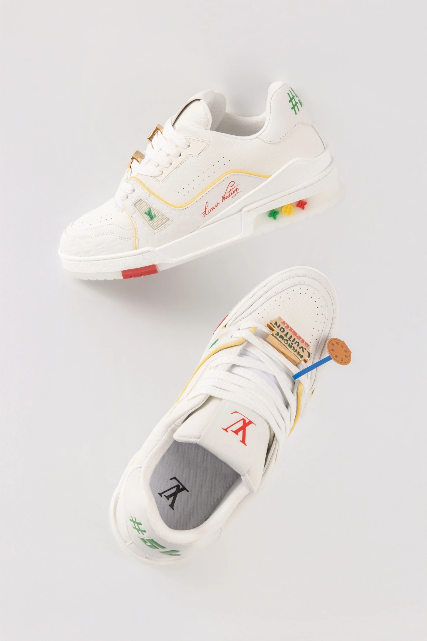 Louis Vuitton White, Yellow, Green & Red Low-Top Luxury Fashion Sneakers for Men & Women