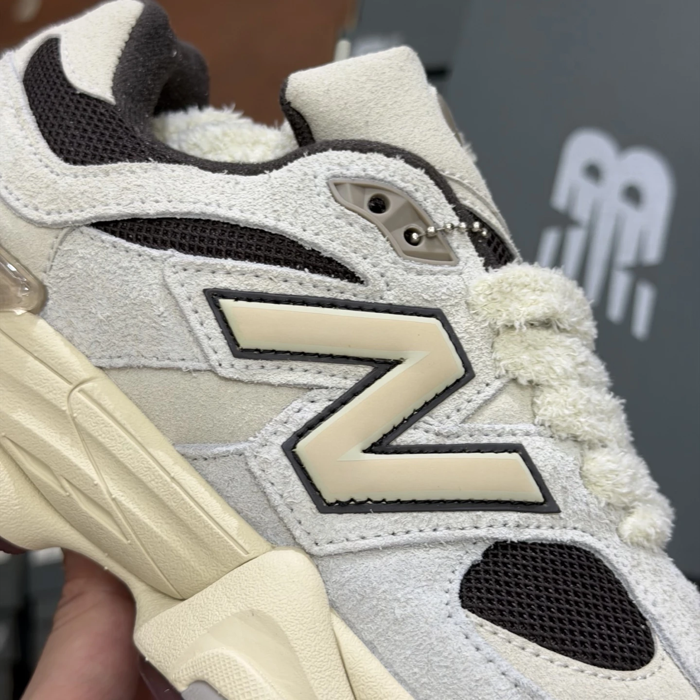 New Balance Cream & Dark Brown Fuzzy Lace Chunky Sneakers