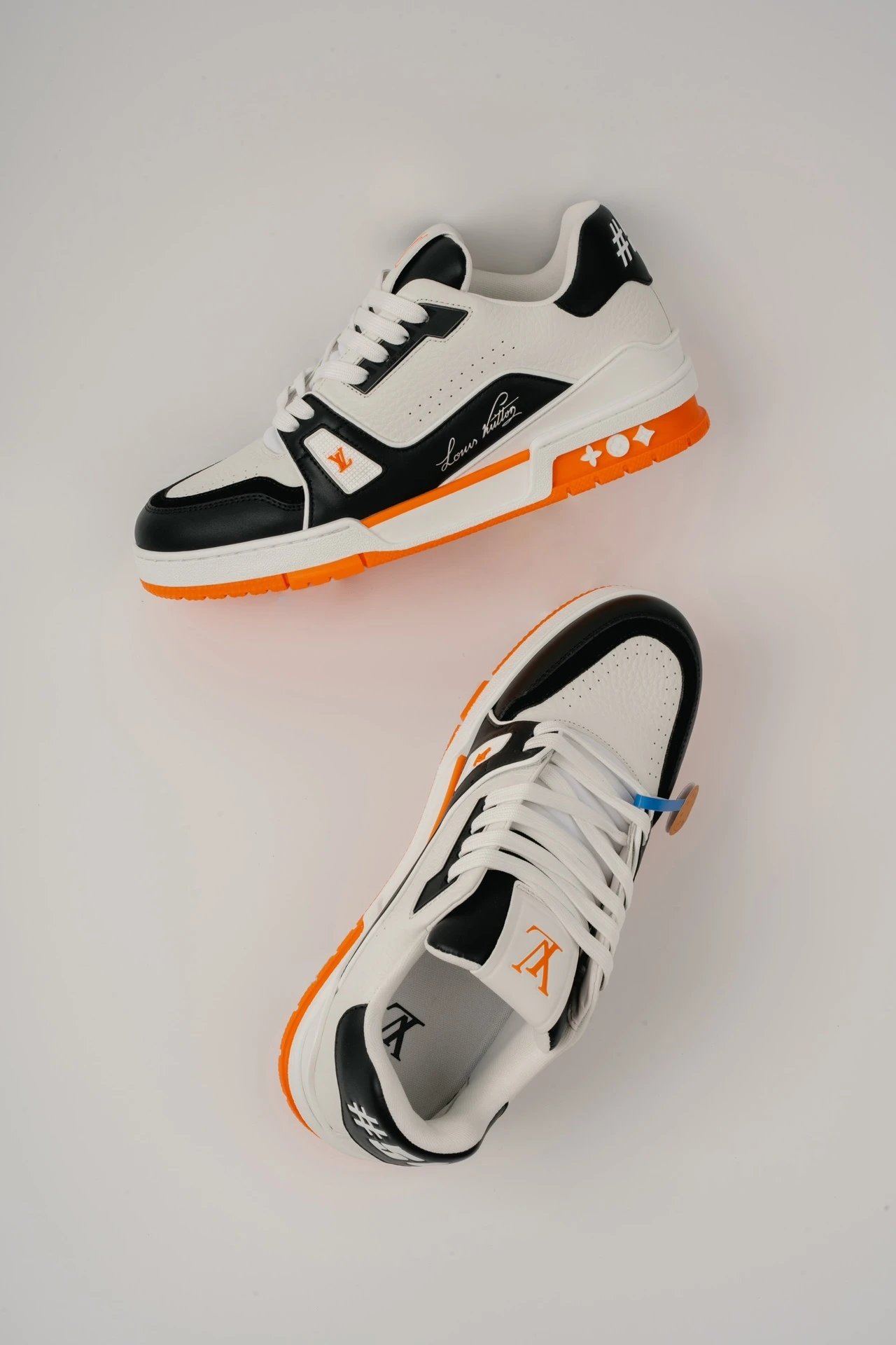 Louis Vuitton White, Black & Orange Low-Top Luxury Fashion Sneakers for Men & Women