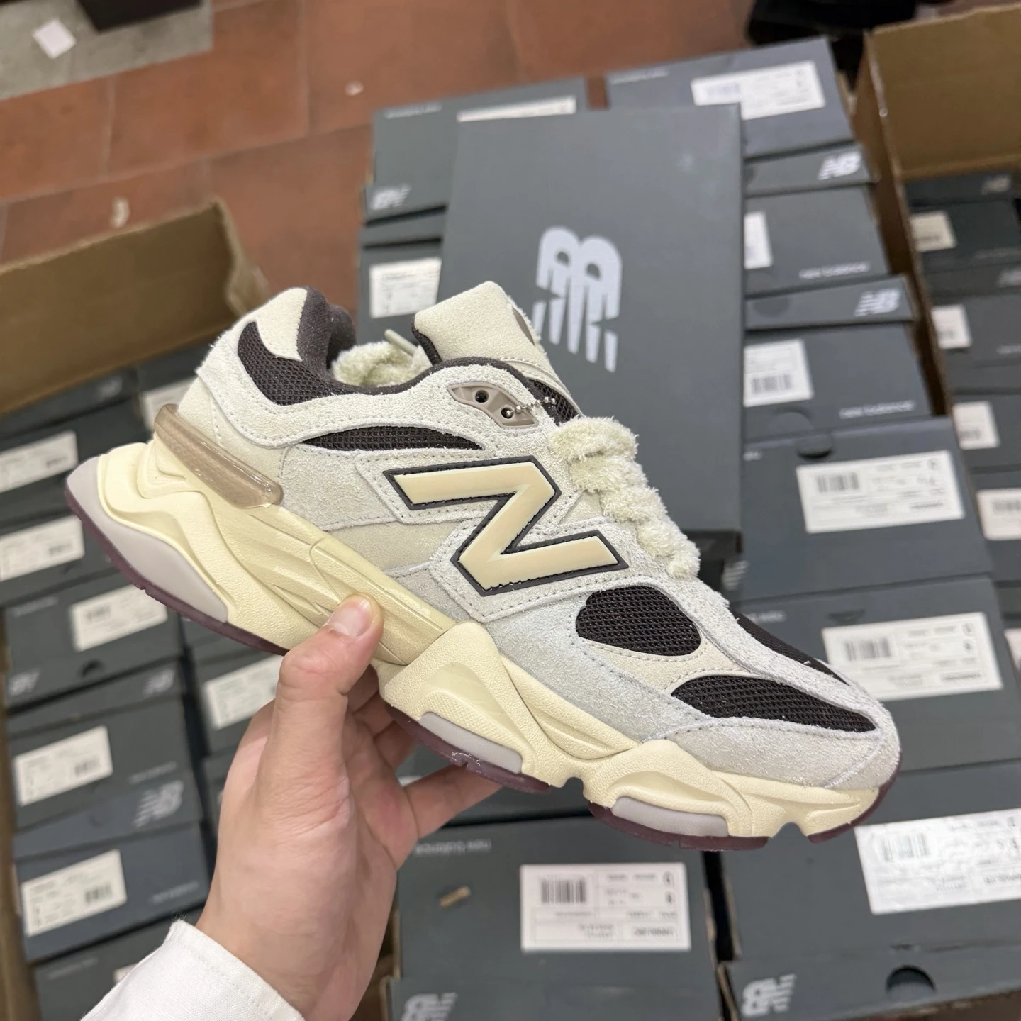 New Balance Cream & Dark Brown Fuzzy Lace Chunky Sneakers