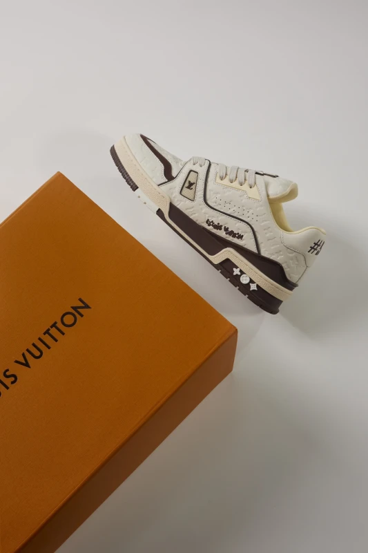 Louis Vuitton Cream White & Dark Brown Monogram Embossed Low-Top Sneakers