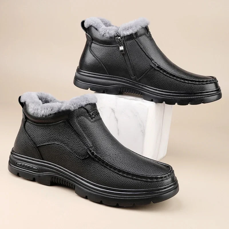 Men’s Genuine Leather High Top Winter Boots with Plush Lining