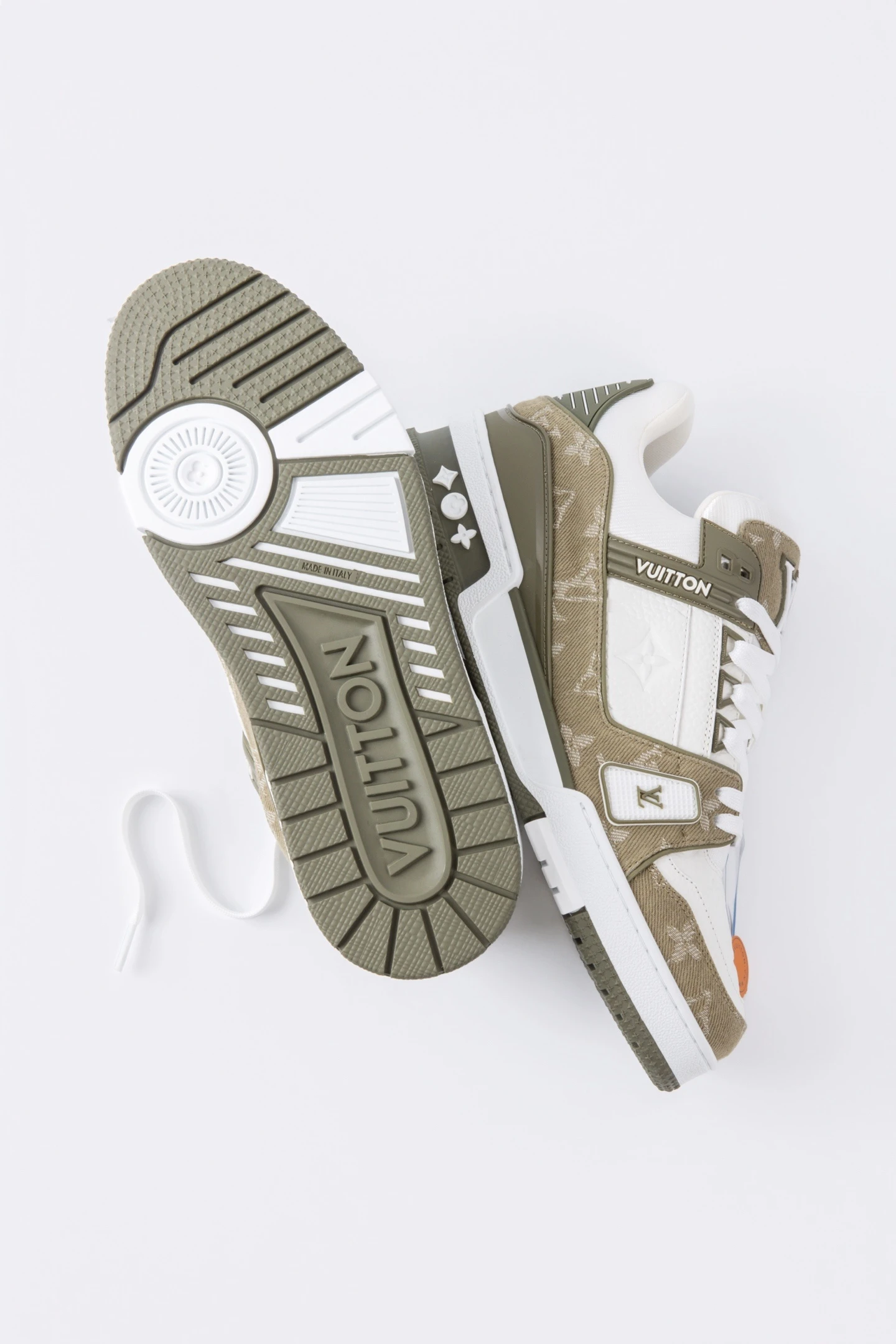 Louis Vuitton Beige, Olive Green & White Monogram Low-Top Luxury Fashion Sneakers for Men & Women