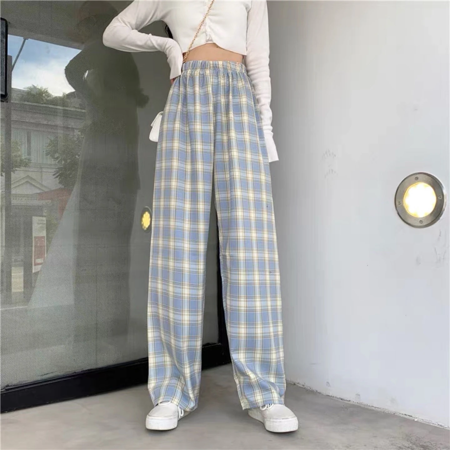Women's Plaid Pants - High Waisted Wide Leg Trousers for a Chic Look