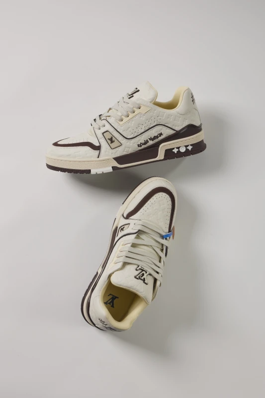 Louis Vuitton Cream White & Dark Brown Monogram Embossed Low-Top Sneakers