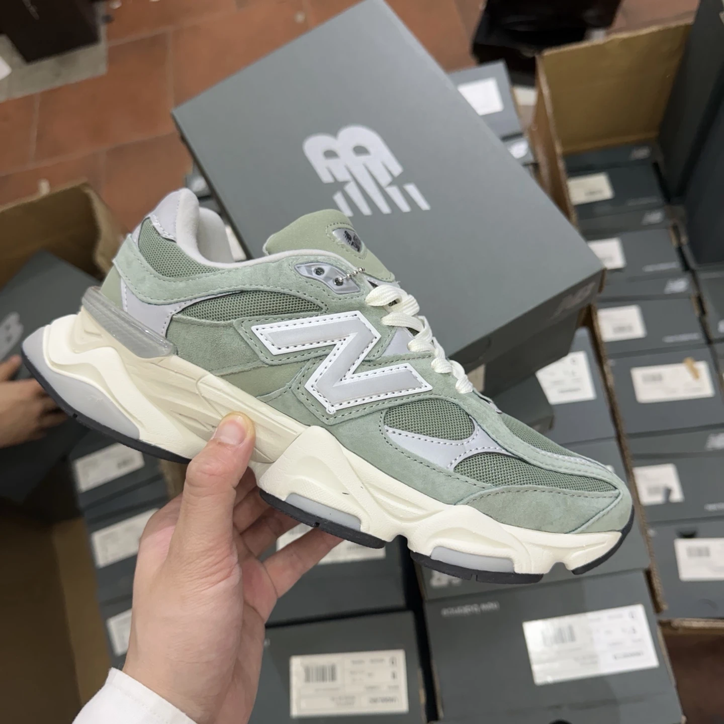 New Balance Sage Green, Silver & Cream Chunky Runner Sneakers