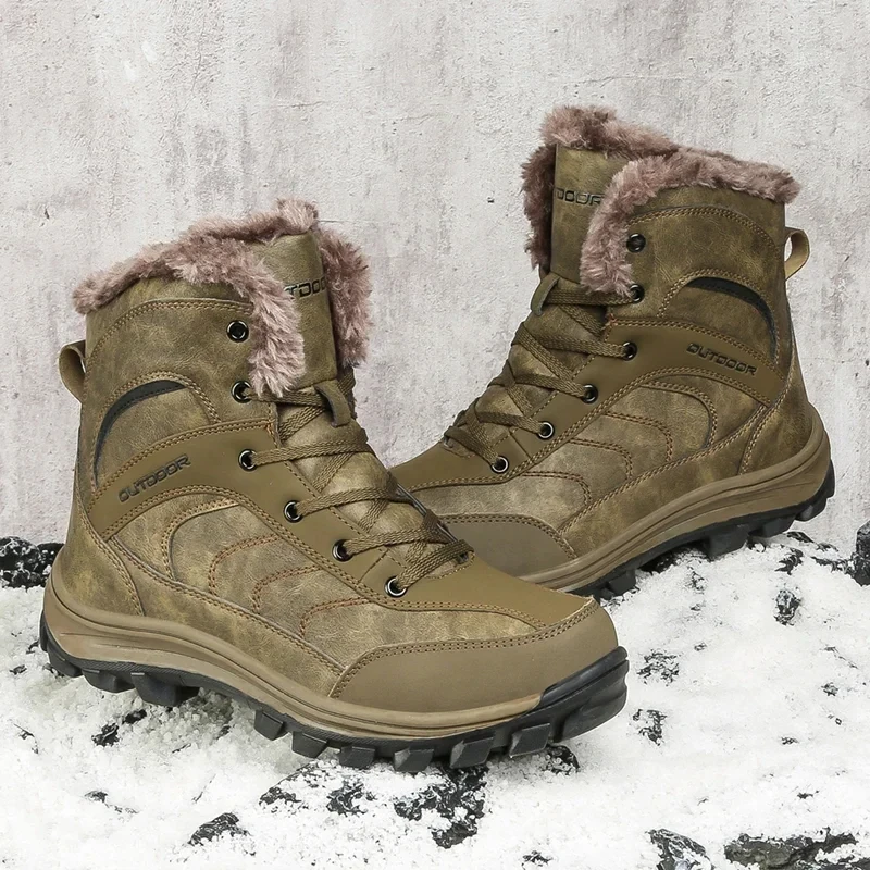 Retro Leather Winter Hiking Boots for Men – Warm Plush Snow Shoes