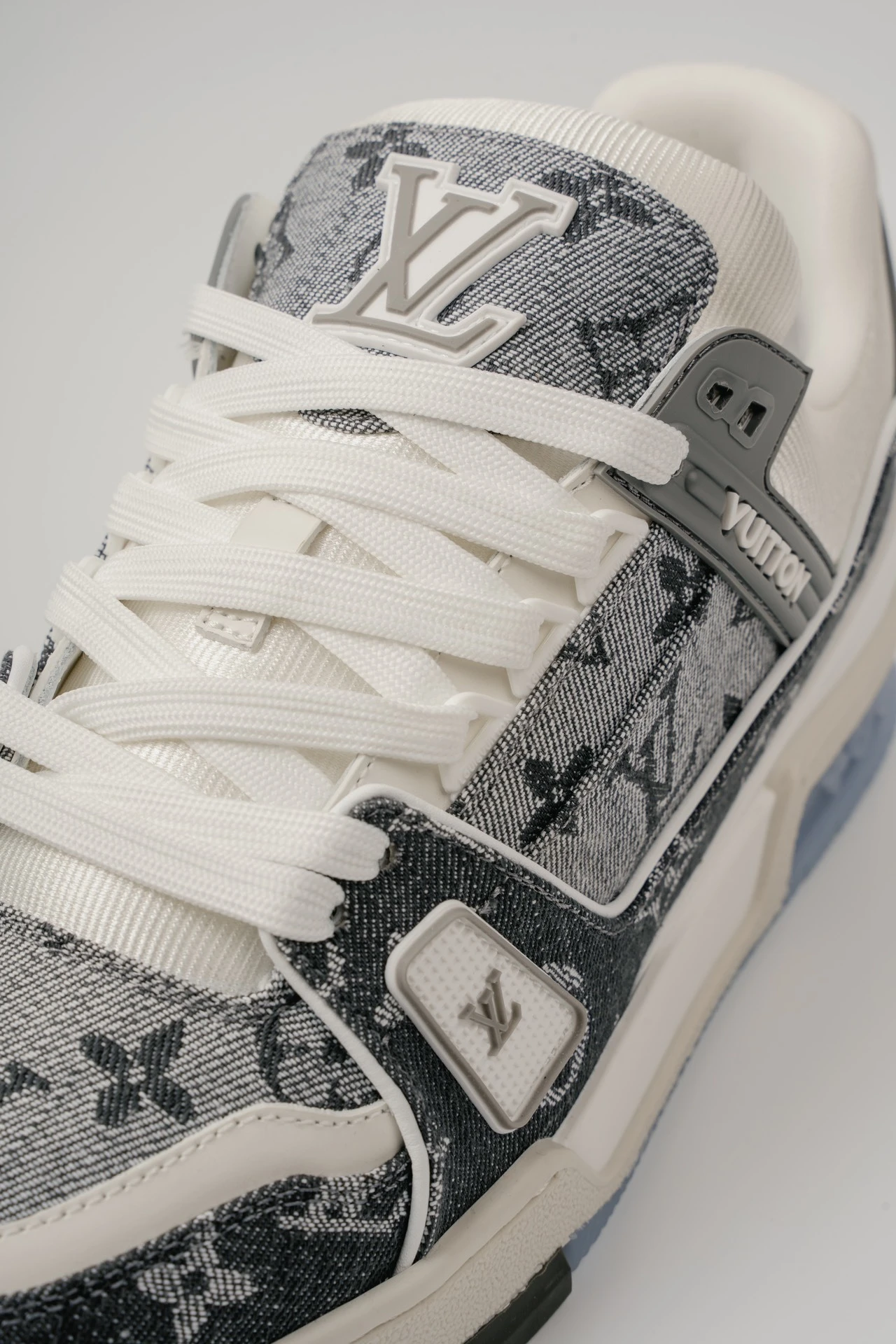 Louis Vuitton Grey Denim Monogram & White Low-Top Luxury Fashion Sneakers for Men & Women