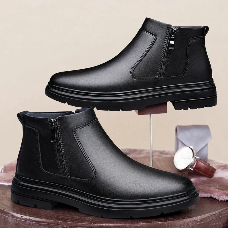 Men’s Genuine Leather High Top Boots with Side Zipper & Lace-Up