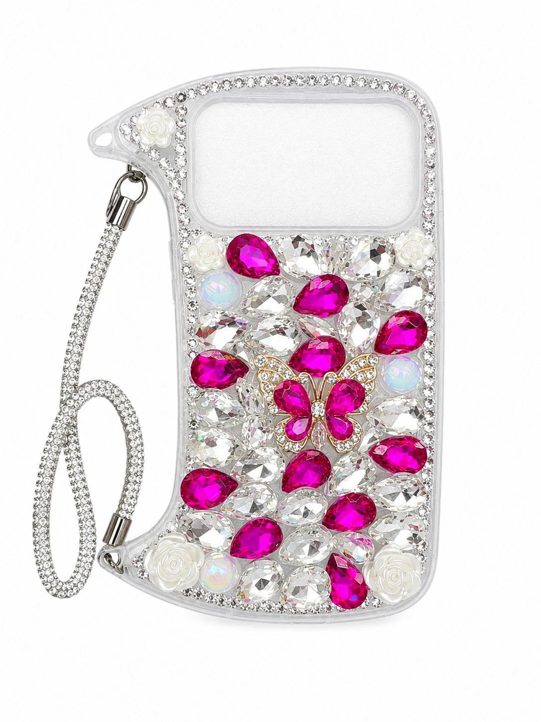 iPhone 16 Plus Curved Diamond Butterfly Case & Rope - Rose red