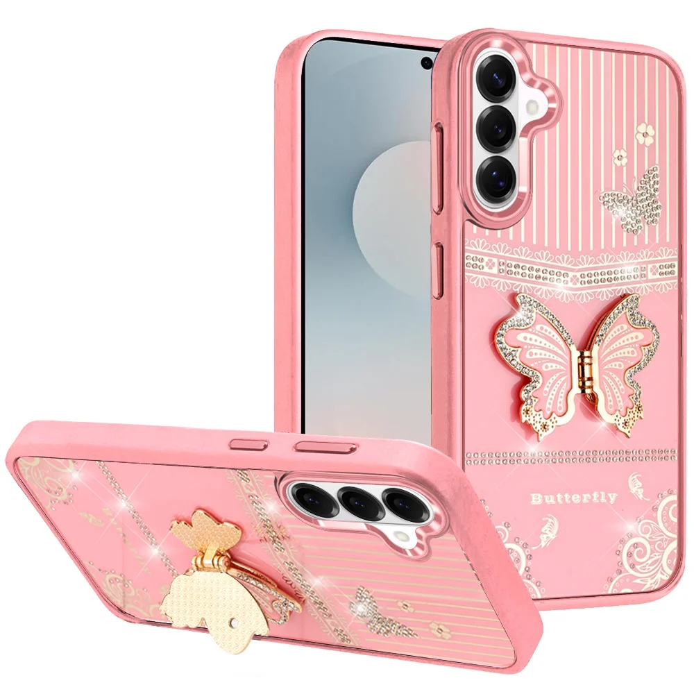 Moto G Power 5G 2026/2025 Splendid Glitter Butterfly Design Stand with Metallic Edges Hybrid Case - Light Pink