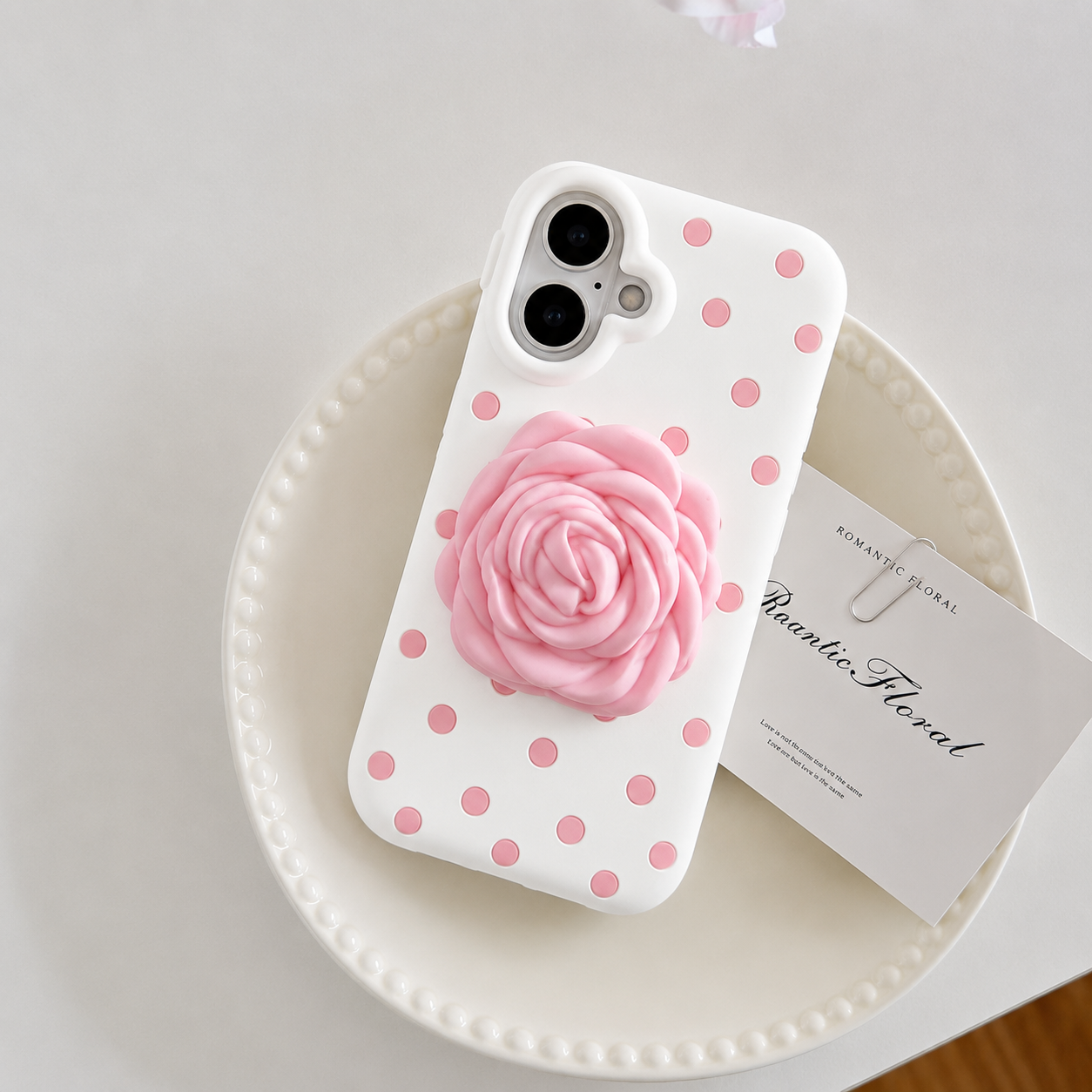 iPhone 12 Pro  Max/13 Pro Max/14 Pro Max/15 Pro Max/14 Plus/15 Plus Dot Rose Silicone Case - White