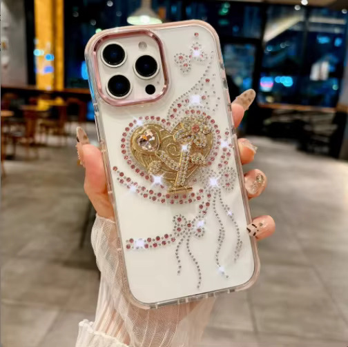iPhone 16 Plus Classic Rhinestone Crystal Case - Silver Heart
