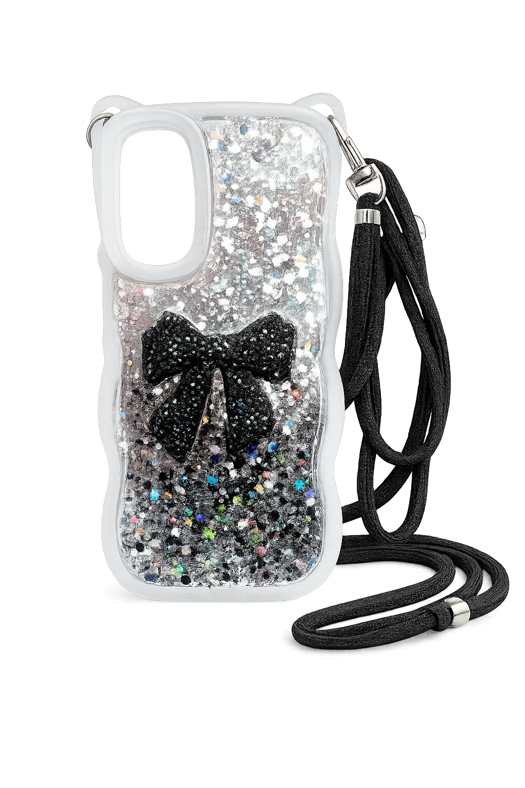 iPhone 16 Plus Epoxy Bowknot Case & Rope - Black