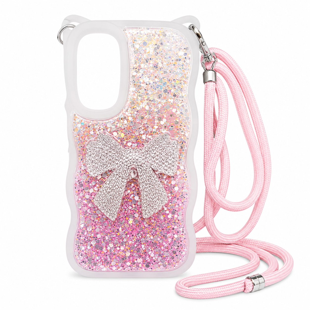 iPhone 14 Plus/15 Plus Epoxy Bowknot Case & Rope - Silver