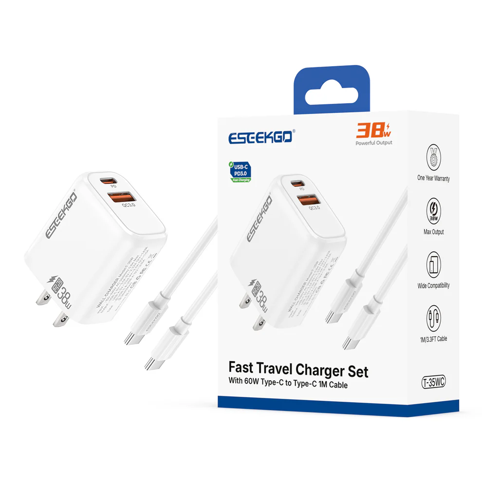 ESEEKGO T-35WC 3.0A 38W QC3.0 A+C Travel Adapter with C-C 60W 3.3FT Data Cable | White