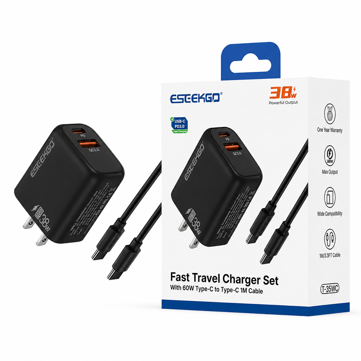ESEEKGO T-35BC 3.0A 38W QC3.0 A+C Travel Adapter with C-C 60W 3.3FT Data Cable | Black