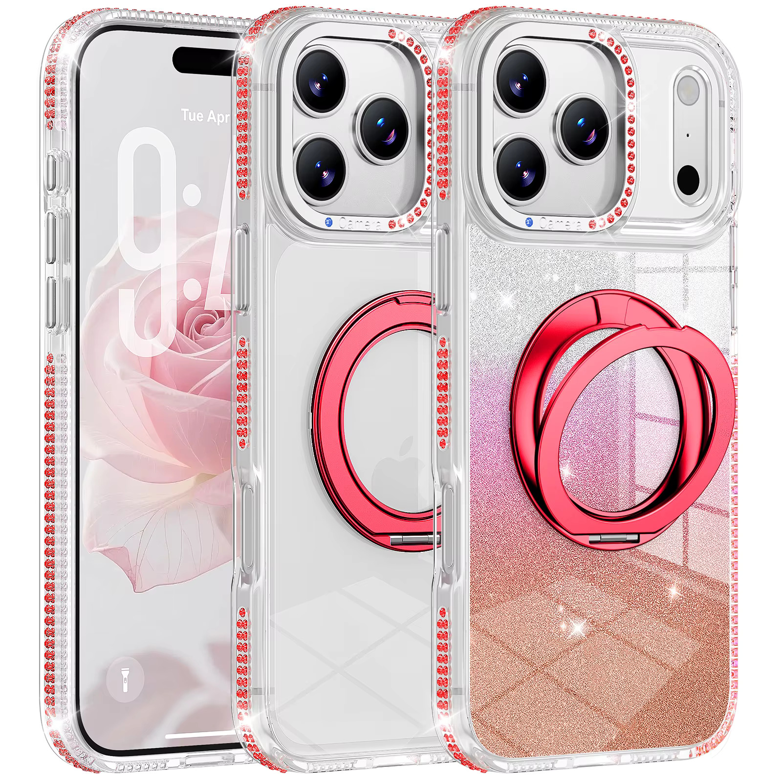 iPhone 14 Plus/15 Plus Rhinestone Foldable Stand Case - Red