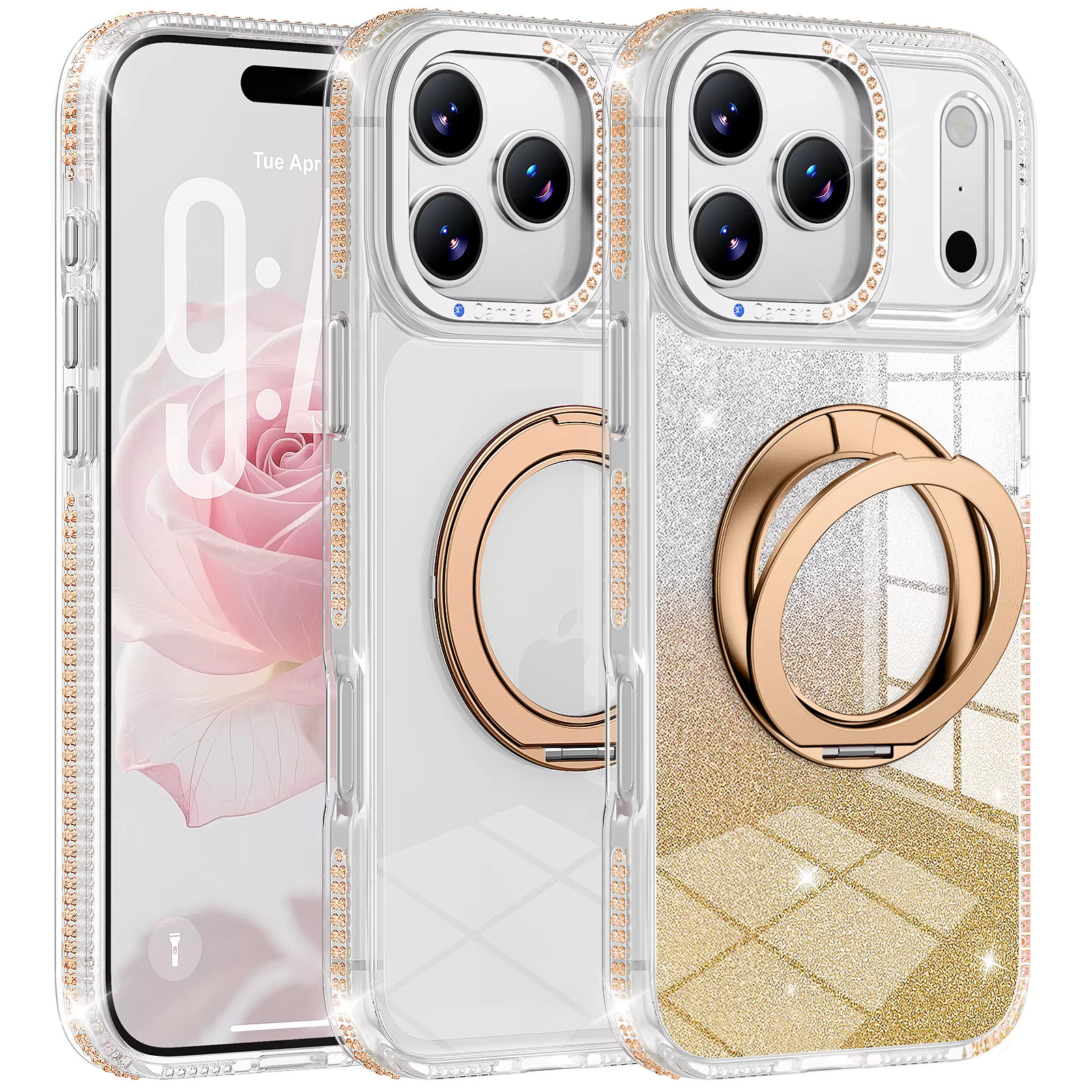 iPhone 16 Pro Rhinestone Foldable Stand Case - Gold