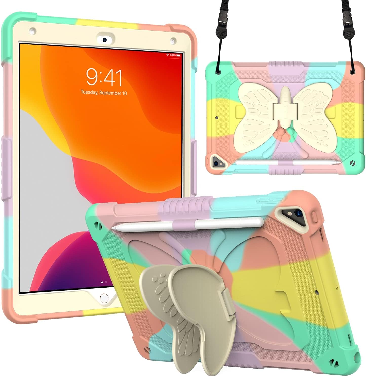 iPad 5th/6th Gen 9.7" Butterfly Kick Stand Case With Strap | Rose Gold - Rainbow