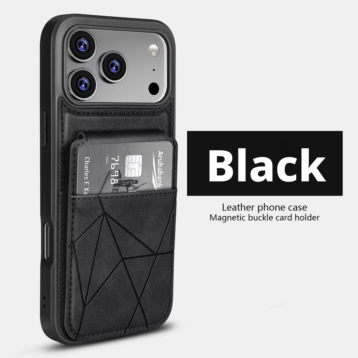 iPhone 16 PLUS (Black)  Leather Stichted Card-Pocket Case