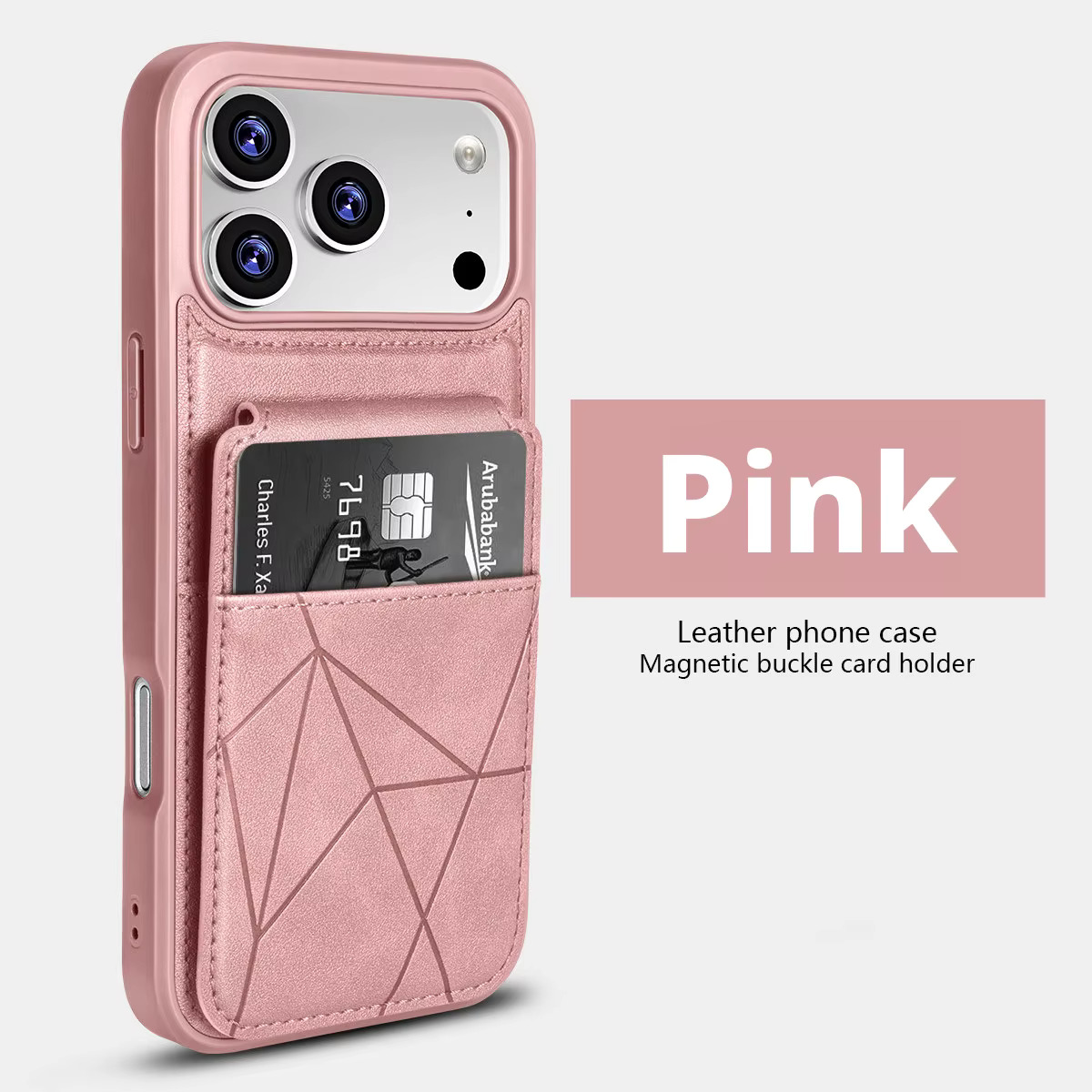 iPhone 15 Pro Max (Pink)  Leather Stichted Card-Pocket Case